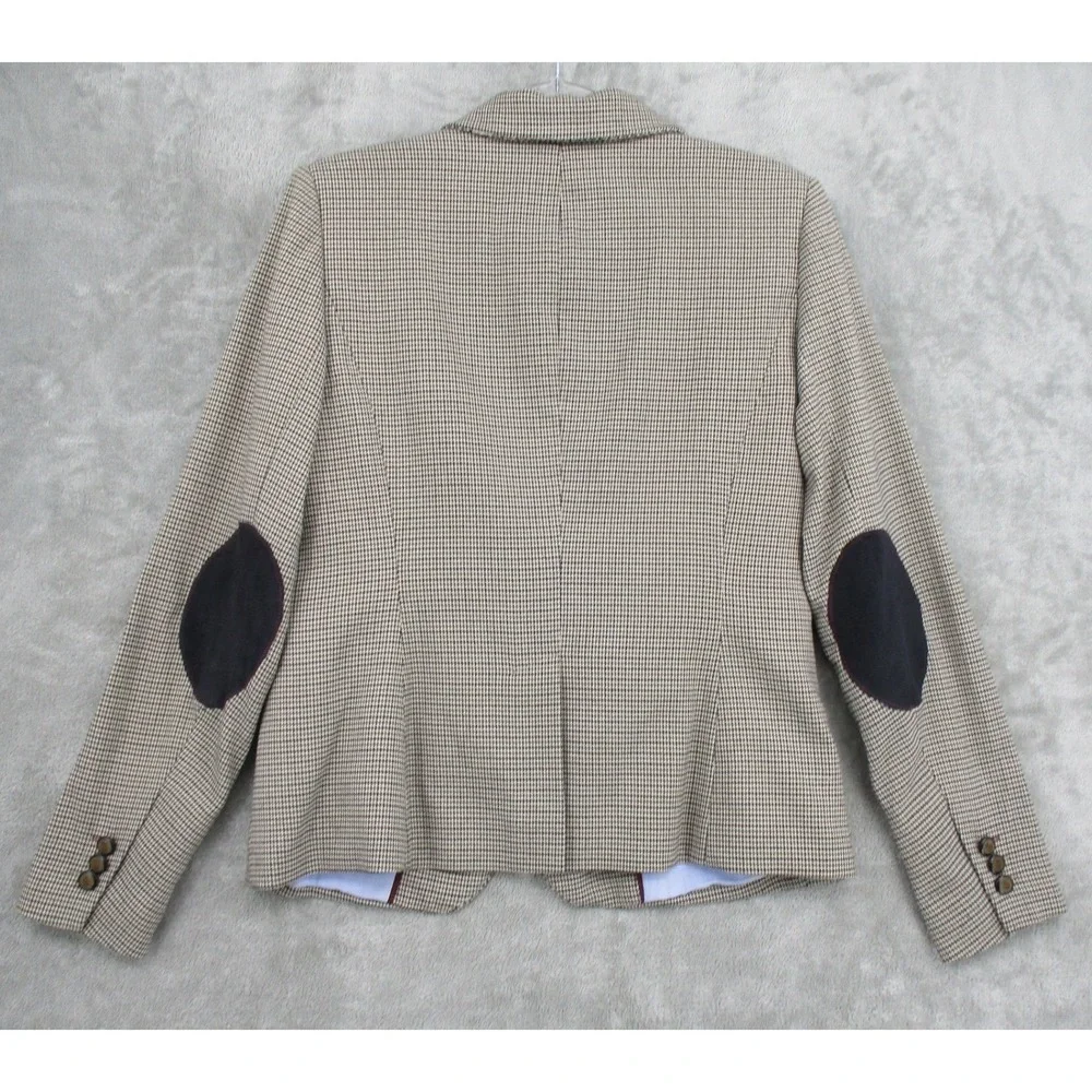 British Khaki Blazer Womens Medium Houndstooth Elbow Patch Academia Preppy Lined - Picture 2 of 10